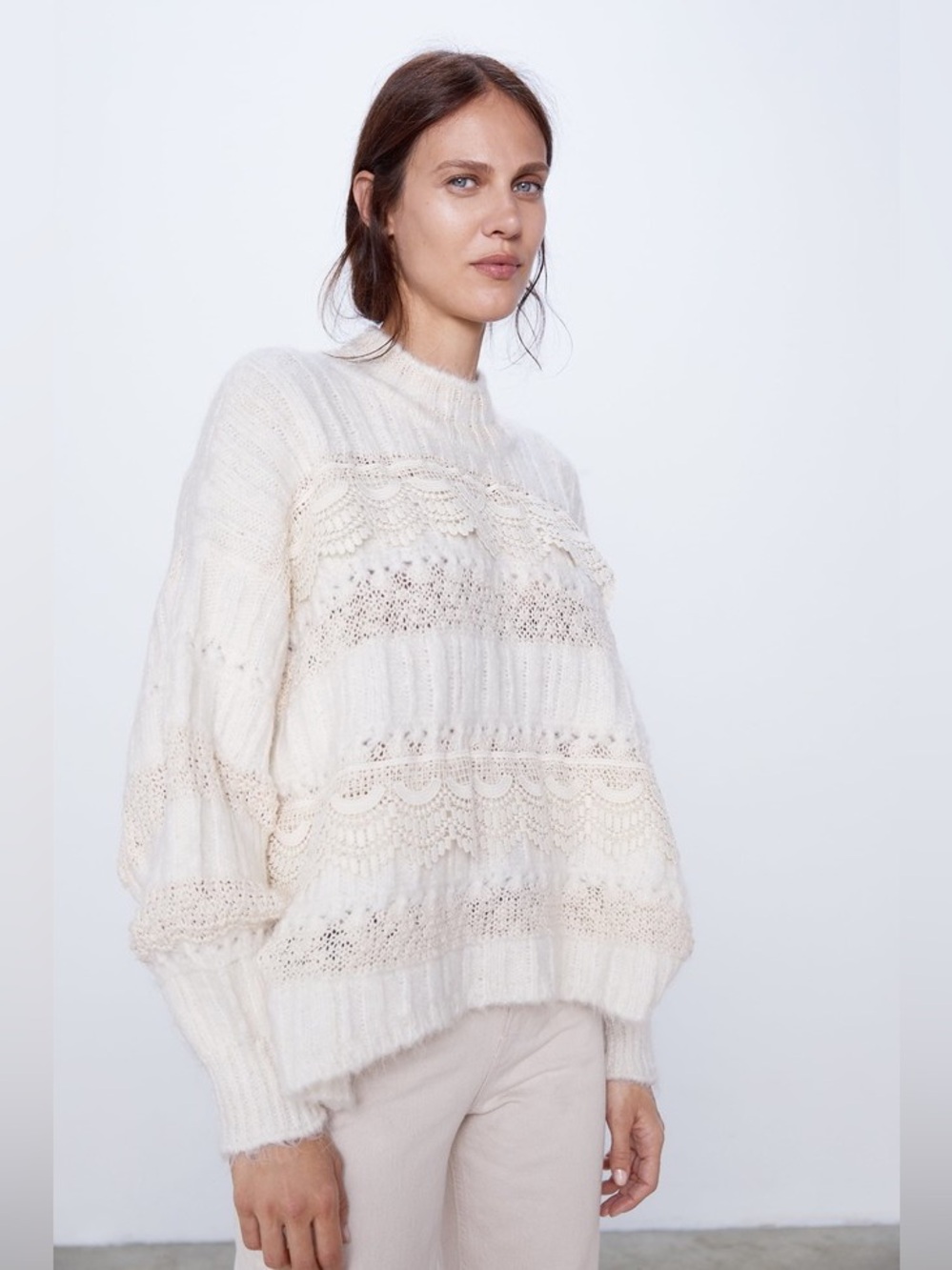 Zara Cream Lace-Trim Knit Sweater (Alpaca Cotton and Acrylic blend)